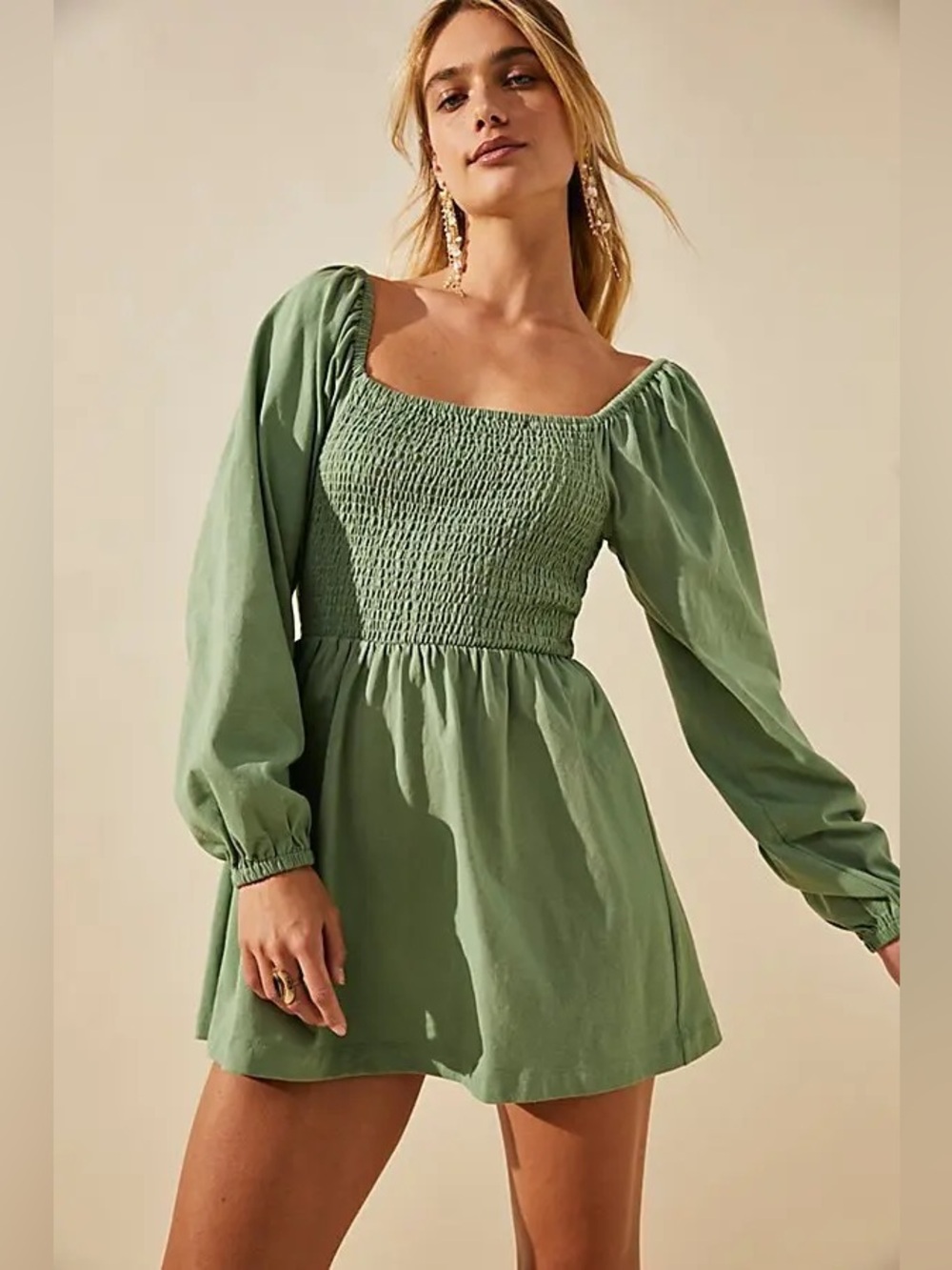 Free People/ FP Beach Colette Convertible Smocked Mini Dress Green Cotton M - Picture 2 of 11